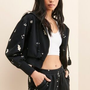 Cleobella crop black zip up with embroidered details